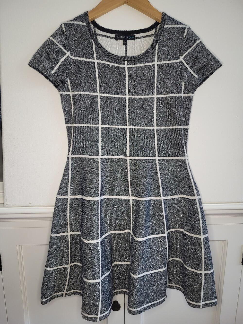 My Michelle Girls Metallic Knit Grid Pattern Fit & Flare Dress Medium